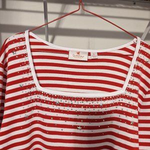 Quacker Factory Red/White Stripe 3/4 length sleeve women's top
